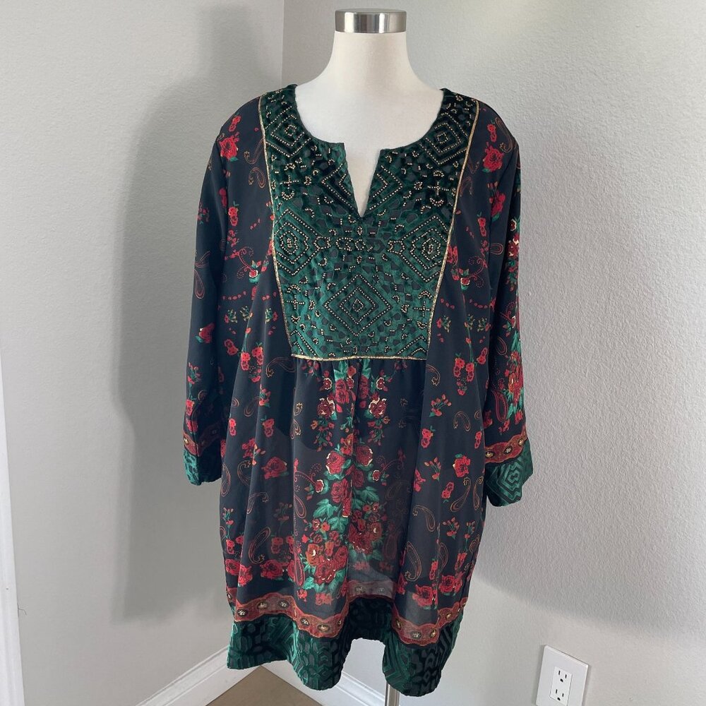 NEW Ulla Popken Womens Plus 20/22 Beaded Tunic Top Black Red Green Floral Shirt‎